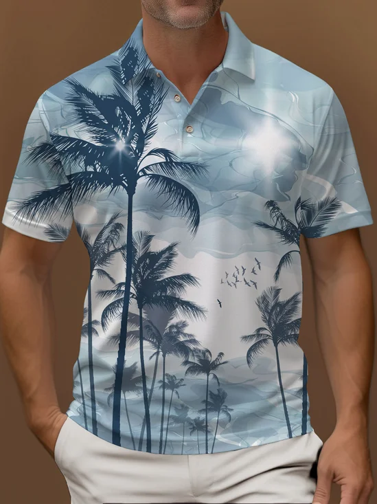 Royaura Hawaii Coconut Tree Print Men's Button-Down Polo Shirt