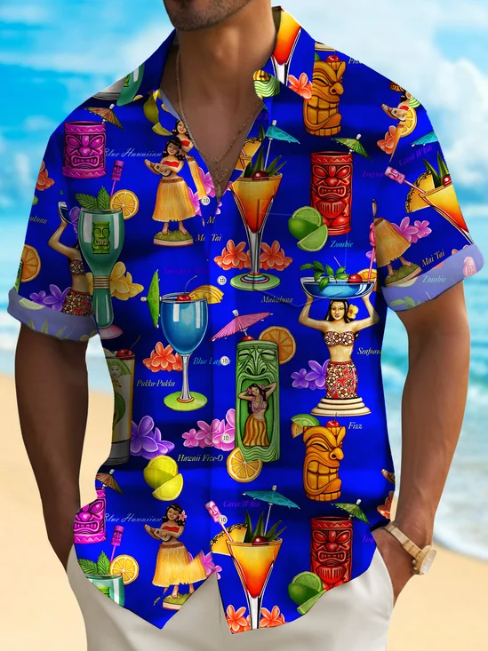 Royaura® Beach Vacation Tiki Cup Men's Hawaiian Shirt Stretch Quick Dry Camp Tropical Cocktail Shirt Big Tall