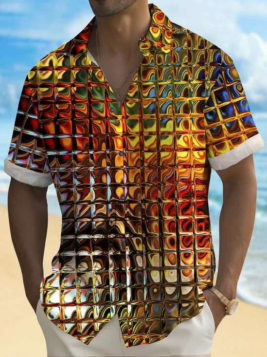 Royaura® Vintage Abstract Geometric Texture Print Chest Pocket Shirt Plus Size Men's Shirt