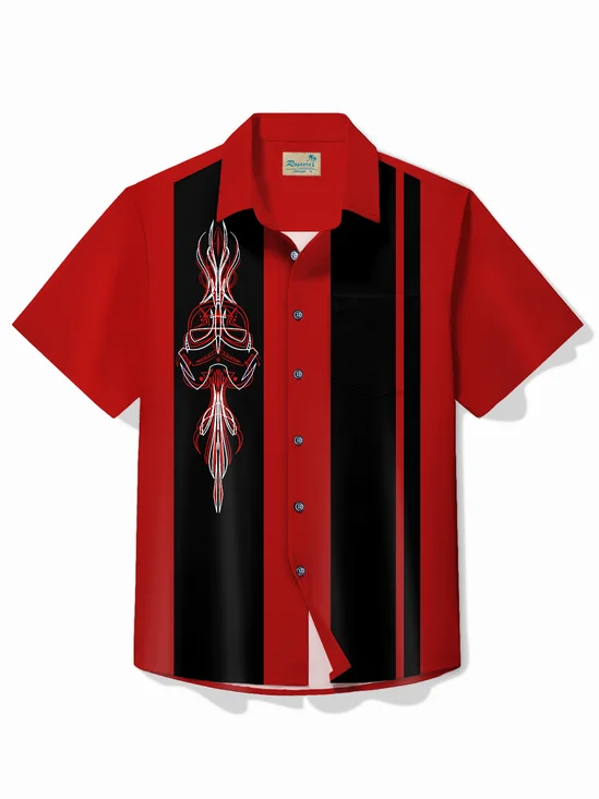 Royaura® Vintage Bowling Pinstripe Samurai Print Chest Pocket Shirt Plus Size Men's Shirt