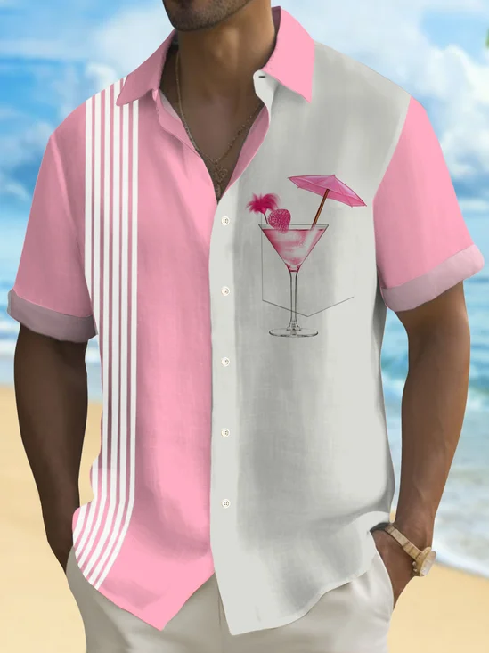Royaura® Hawaiian Cocktail Stripe Bowling Print Men's Button Pocket Short Sleeve Shirt