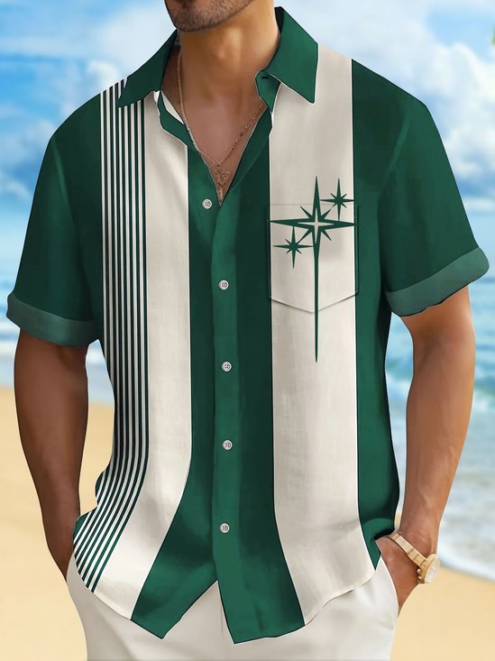 Royaura® Retro Geometric Bowling Stripe Print Men's Button Pocket Short Sleeve Shirt