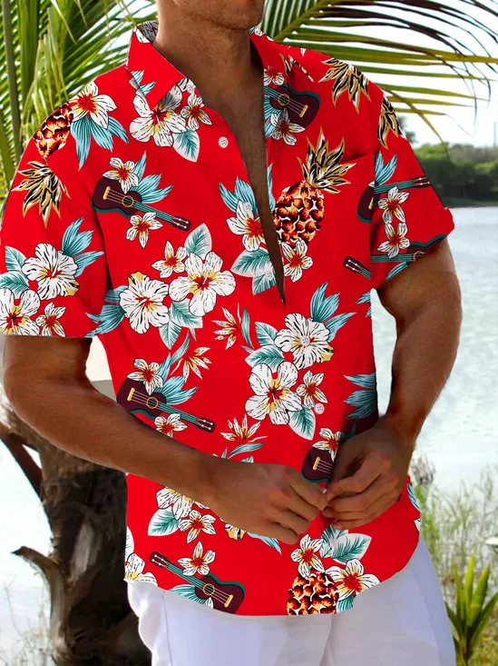 Royaura® Beach Vacation Men's Hawaiian Shirt Red Floral Print Pocket Camping Shirt