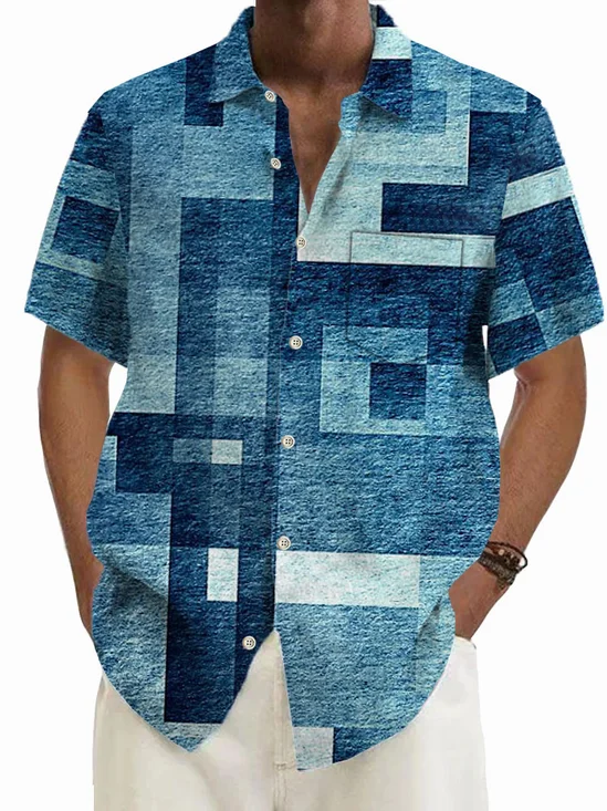 Royaura® Retro Geometric Color Block Printed Men's Button Pocket Short Sleeve Shirt