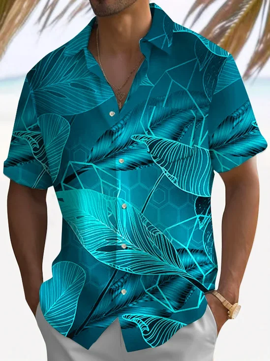 Royaura® Beach Vacation Tropical Leaves Men's Hawaiian Shirt Camp Pocket Shirt Big Tall