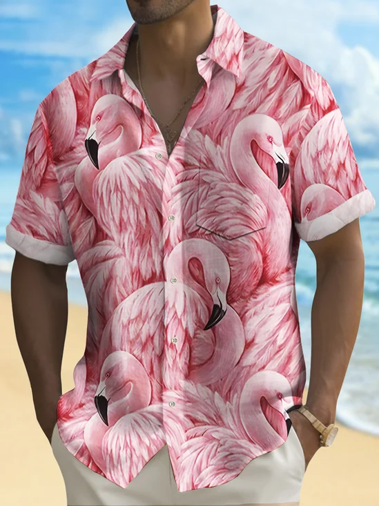 Royaura® Beach Vacation Men's Hawaiian Shirt Flamingo Print Pocket Camping Shirt
