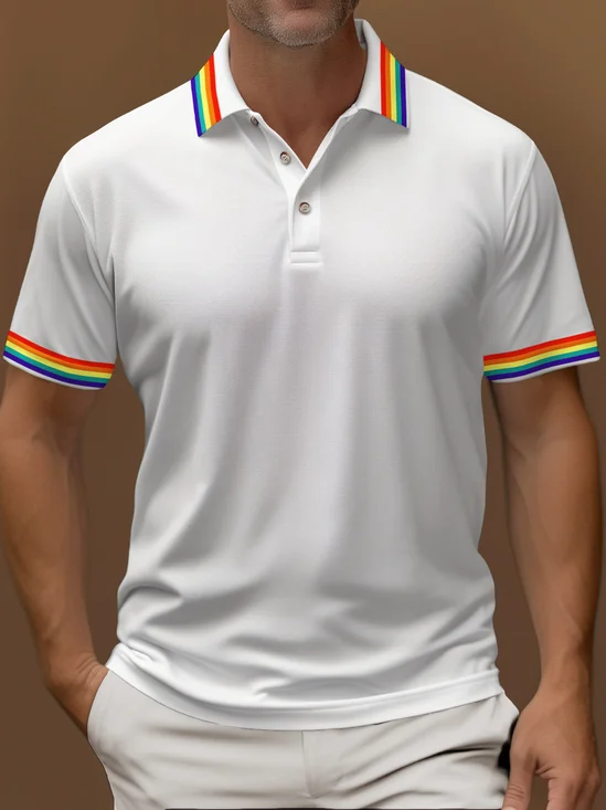 Royaura® Holiday Pride Month Rainbow Stripe Print Polo Stretch Comfort Camping Pullover Polo Shirt Big Tall