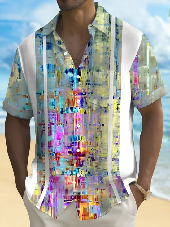 Royaura® Retro Gradient 3D Oil Painting Creative Print Men's Button Pocket Short Sleeve Shirt