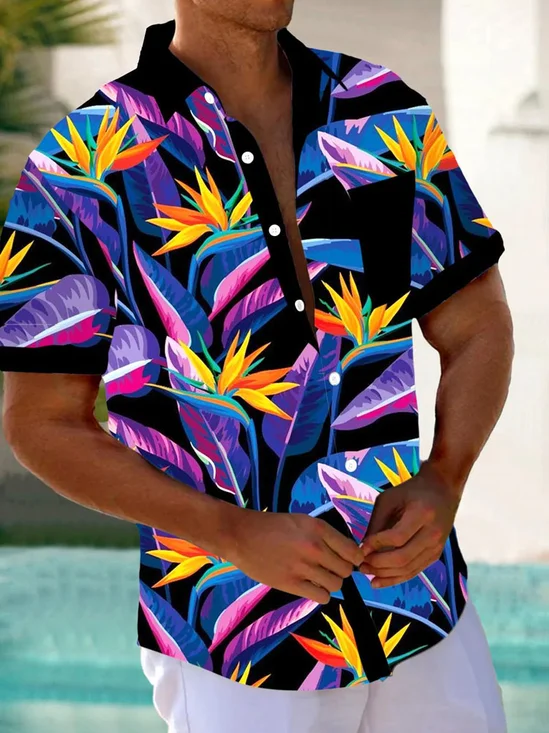 Royaura® Hawaiian Tropical Floral Print Men's Button Pocket Short Sleeve Shirt