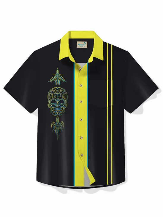 Royaura® 50's Retro Pinstripe Car Men's Bowling Shirt Skull Cartoon Art Stretch Pocket Camp Shirt Big Tall