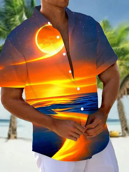 Royaura® Retro Sunset Landscape Art Creative 3D Print Printed Men's Button Pocket Short Sleeve Shirt