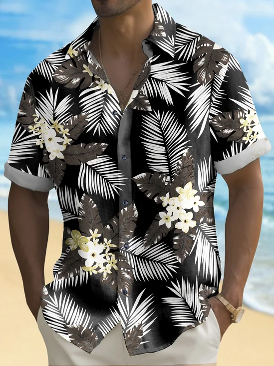 Royaura® Beach Vacation Men's Hawaiian Shirt Botanical Floral Print Pocket Camping Shirt