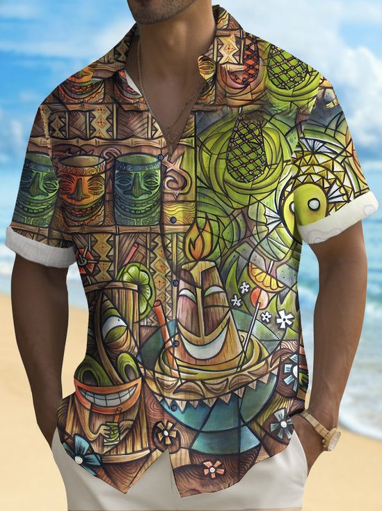 Royaura® Beach Vacation Men's Hawaiian Shirt Tiki Wine Glass Tiki Bar Print Pocket Camping Shirt Big Tall