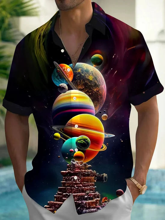 Royaura® Retro Planet 3D Creative Gradient Print Men's Button Pocket Short Sleeve Shirt