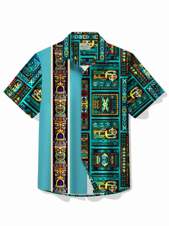Royaura® Vintage Bowling Tiki Print Chest Pocket Shirt Plus Size Men's Shirt Big Tall