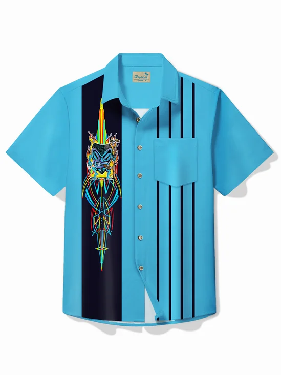 Royaura® Vintage Bowling Pinstripe Tiki Print Chest Pocket Shirt Plus Size Men's Shirt Big Tall