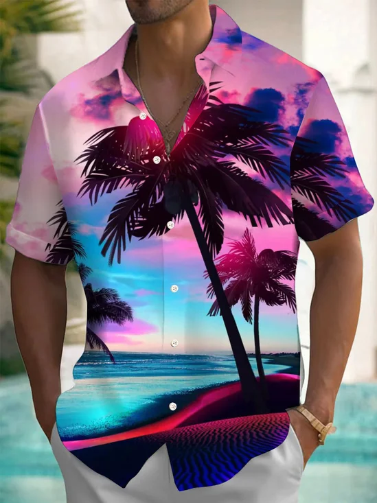 Royaura® Hawaiian Coconut Tree Gradient Sunset Landscape Print Men's Button Pocket Short Sleeve Shirt
