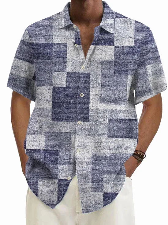 Royaura® Retro Geometric Textured Print Men's Button Pocket Short Sleeve Shirt