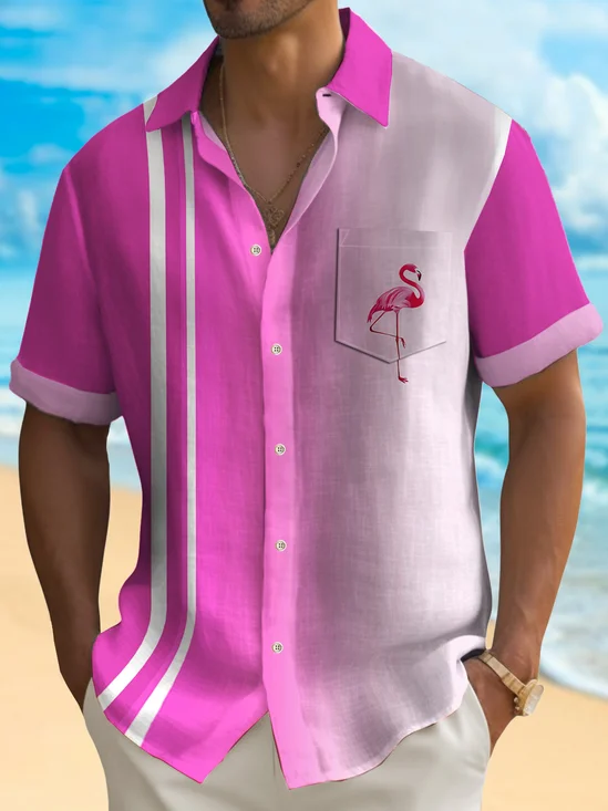 Royaura® Beach Vacation Pink Men's Flamingo Bowling Shirt Stretch Pocket Camp Shirt Big Tall