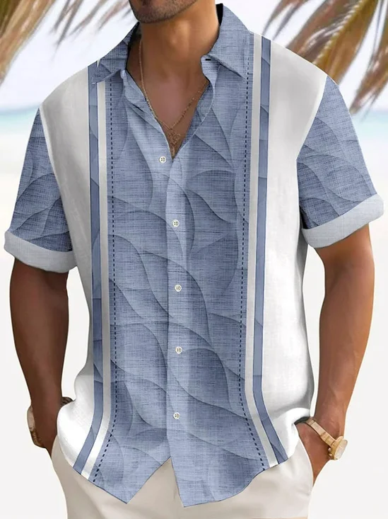 Royaura® Vintage Textured 3D Bowling Print Men's Button Pocket Short Sleeve Shirt
