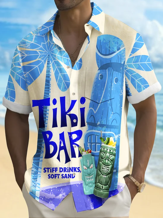 Royaura® Beach Vacation Men's Hawaiian Shirt Tiki Wine Glass Printed Tiki Bar Bartender Pocket Camping Shirt Big Tall