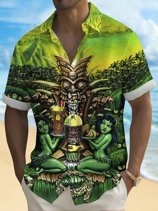 Royaura® Beach Vacation Men's Hawaiian Shirt Tiki Wine Glass Tiki Totem Print Tiki Bar Bartender Pocket Camping Shirt Big Tall
