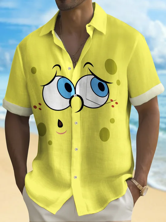 Royaura® Vintage Yellow Sponge Cartoon Print Chest Pocket Shirt Plus Size Men's Shirt