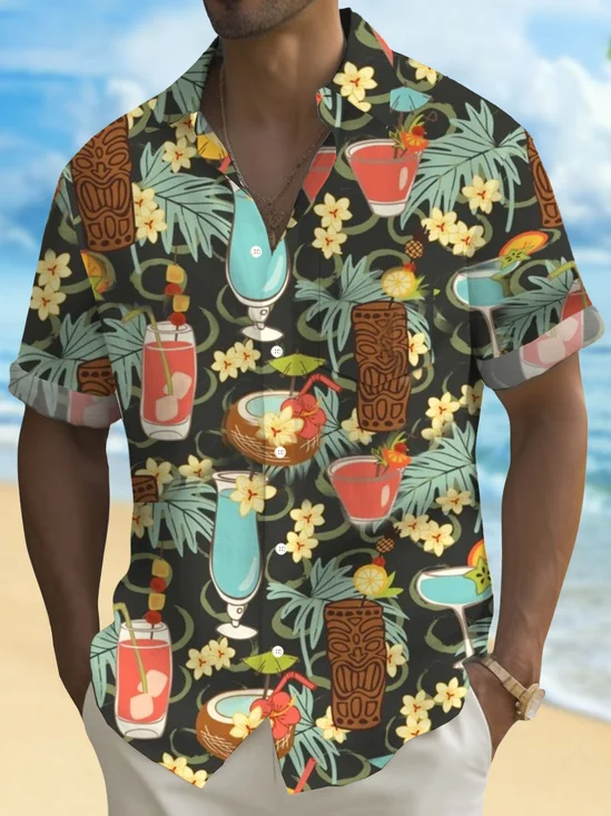 Royaura® Hawaiian Tiki Coconut Printed Men's Button Pocket Short Sleeve Shirt