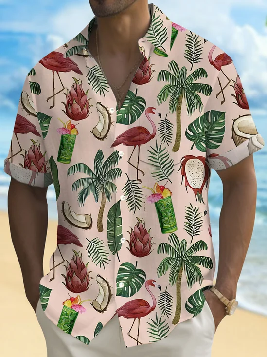 Royaura® Hawaiian Tiki Flamingo Coconut Tree Printed Men's Button Pocket Short Sleeve Shirt