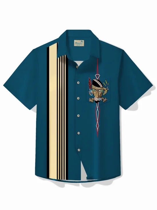 Royaura® Vintage Bowling Pinstripe Tiki Mask Print Chest Pocket Shirt Plus Size Men's Shirt