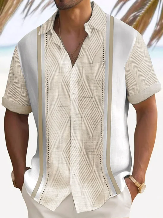 Royaura Men's Retro Geometric Textured Bowling Print Button Pocket Shirt