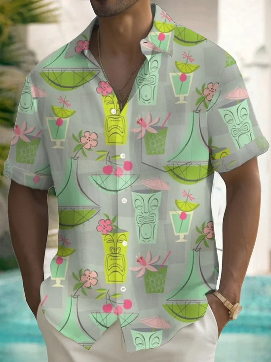 Royaura® Hawaiian Tiki Cocktail Printed Men's Button Pocket Short Sleeve Shirt