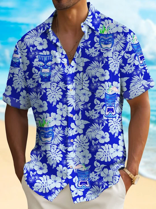 Royaura® Beach Holiday Men's Blue Hawaiian Shirt TIKI Tropical Flower Camp Pocket Shirt Big Tall