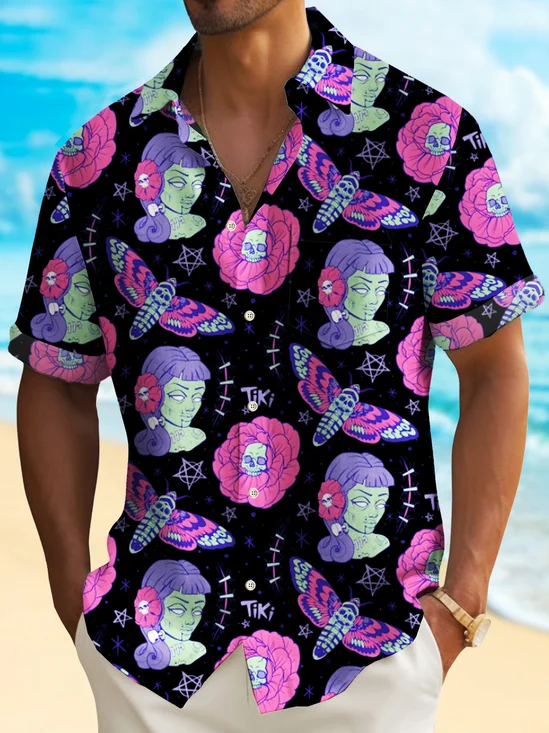 Royaura® Vintage Tattoo Tiki Black Men's Hawaiian Shirt Skull Girls Camp Pocket Art Shirt Big Tall