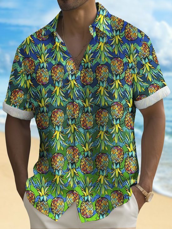 Royaura® Beach Vacation Men's Hawaiian Shirt Fruit Pineapple Print Pocket Camping Shirt Big Tall