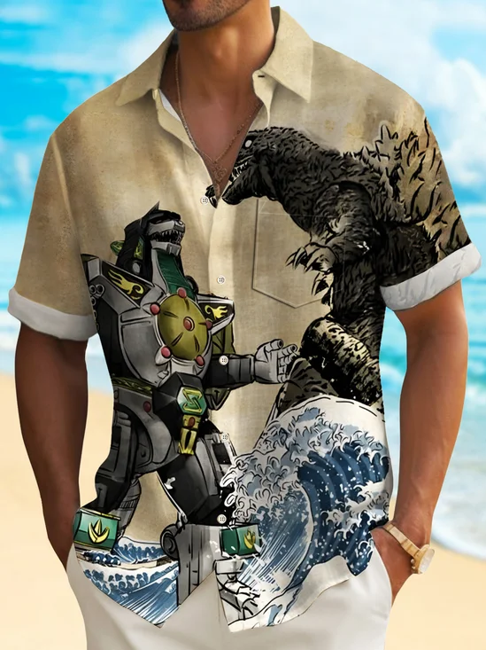 Royaura® Vintage Ukiyo-e Dinosaur Men's Hawaiian Shirt Monster Art Camp Pocket Shirt Big Tall