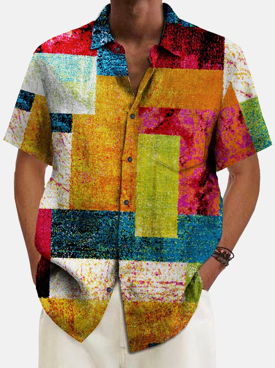 Royaura® Retro Geometric Men's Plaid Shirt Casual Art Camp Pocket Shirt Big Tall