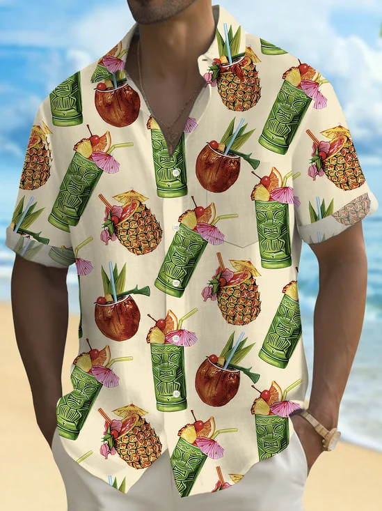 Royaura® Hawaiian Tiki Artist Flamingo Coconut Tree Printed Men's Button Pocket Short Sleeve Shirt