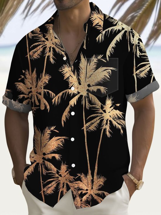 Royaura® Hawaiian Gold Coconut Tree Print Men's Button Pocket Short Sleeve Shirt