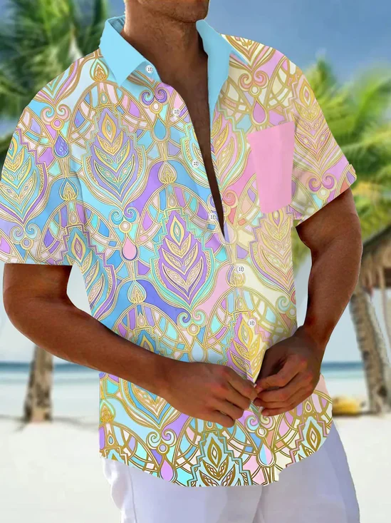 Royaura® Vintage Ethnic Gradient Print Chest Pocket Shirt Plus Size Men's Shirt Big Tall