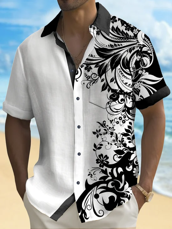 Royaura® Vintage Floral Black And White Splicing Print Chest Pocket Shirt Plus Size Men's Shirt Big Tall
