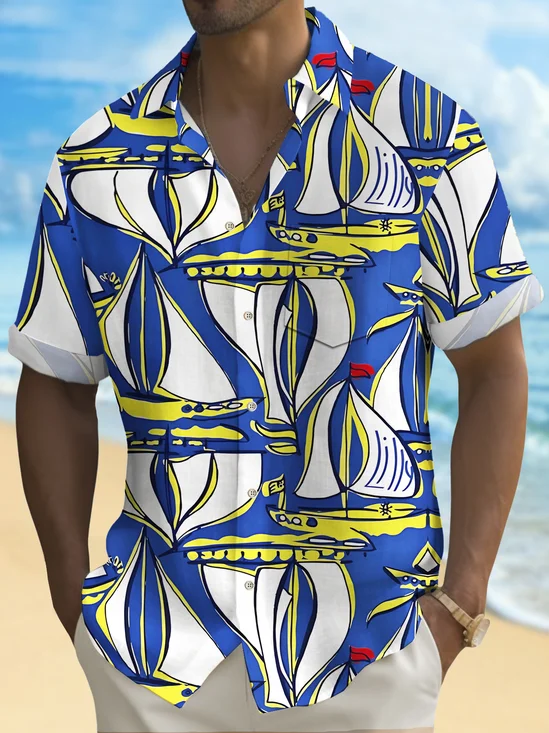 Royaura® Vintage Sailboat Print Chest Pocket Shirt Plus Size Men's Shirt Big Tall