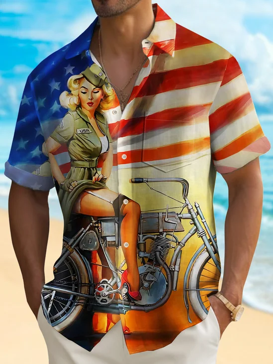 Royaura® Vintage Independence Day Men's Hawaiian Shirt American Flag Pin-up Girl Camp Pocket Shirt Big Tall