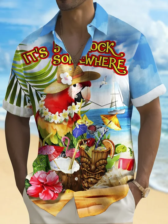 Royaura® Beach Vacation Men's Hawaiian Shirt It’s 5 O'clock Somewhere Tiki Wine Glass Cocktail Parrot Print Tiki Bar Bartender Pocket Camping Shirt Big Tall