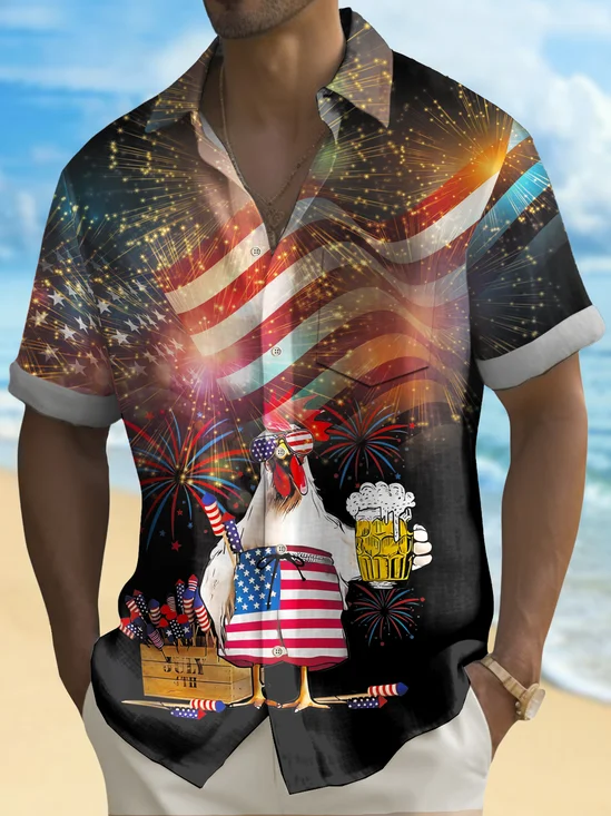 Royaura® Holiday Men's Independence Day Flag Chicken Fireworks Print Casual Breathable Short Sleeve Shirt Big Tall