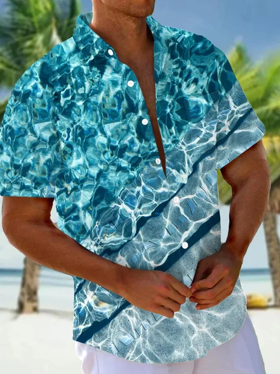Royaura® Hawaiian Water Ripple Gradient 3D Print Men's Button Pocket Short Sleeve Shirt