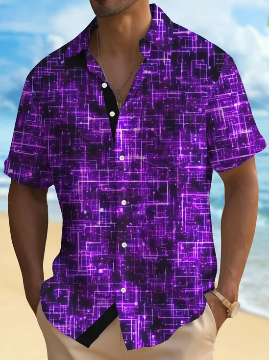 Royaura® Retro Gradient Technology Art 3D Print Men's Button Pocket Short Sleeve Shirt