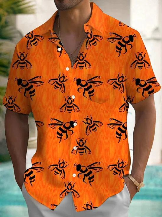 Royaura® Vintage Bee 3D Print Men's Button Pocket Short Sleeve Shirt