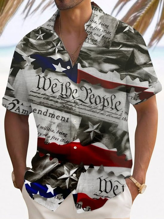 Royaura® Independence Day Men's Hawaiian Shirt American Flag We The People Stretch Camp Pocket Shirt Big Tall