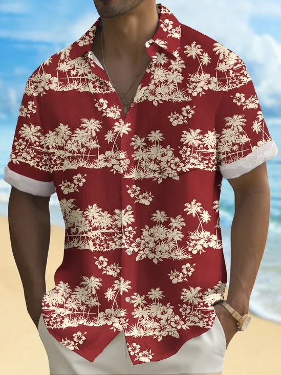 Royaura® Beach Vacation Men's Hawaiian Shirt Plant Coconut Hibiscus Print Pocket Camping Shirt Big Tall